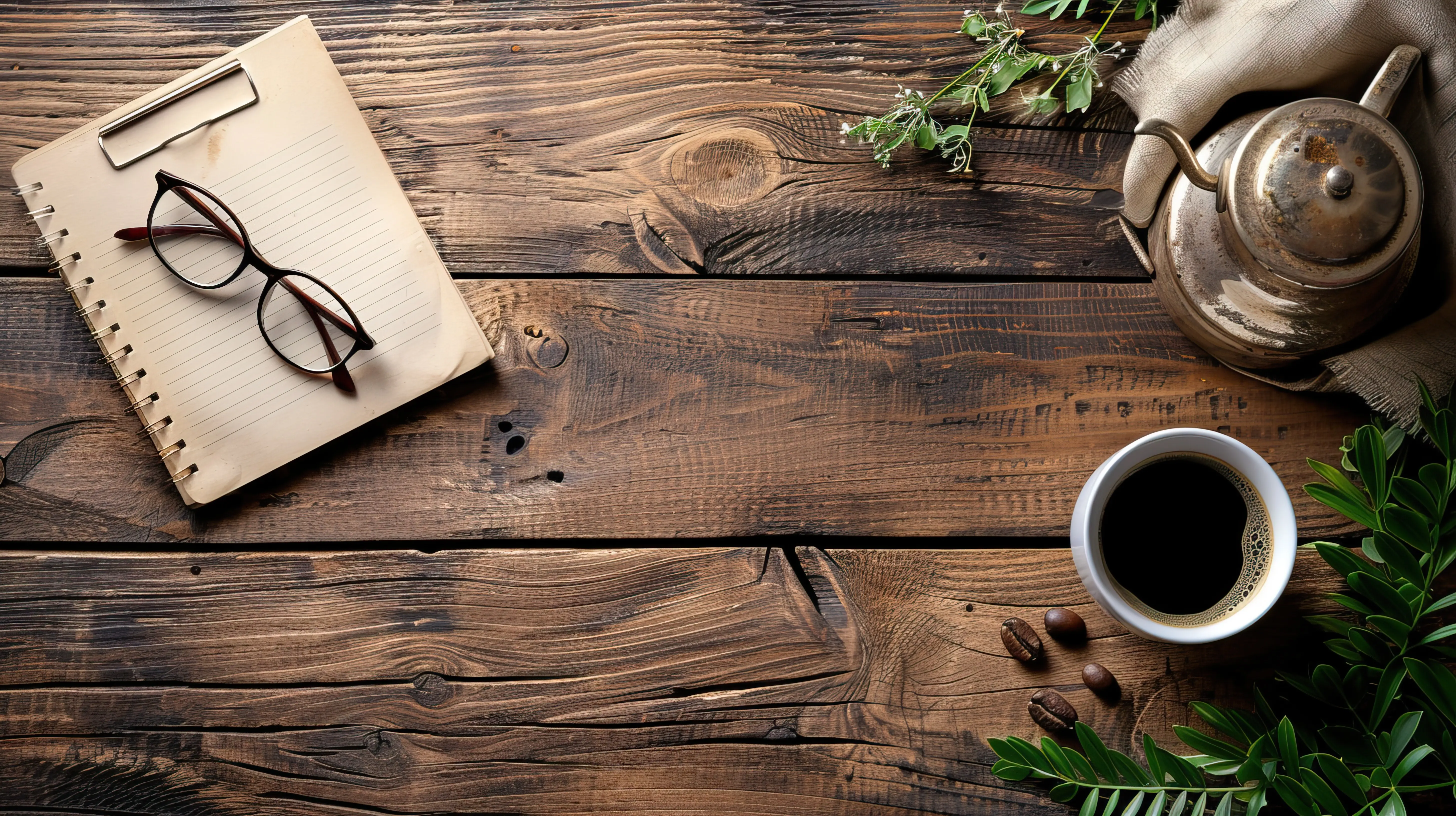 Rustikaler Holzschreibtisch mit Notizbuch, Brille, Kaffee und Kräutern