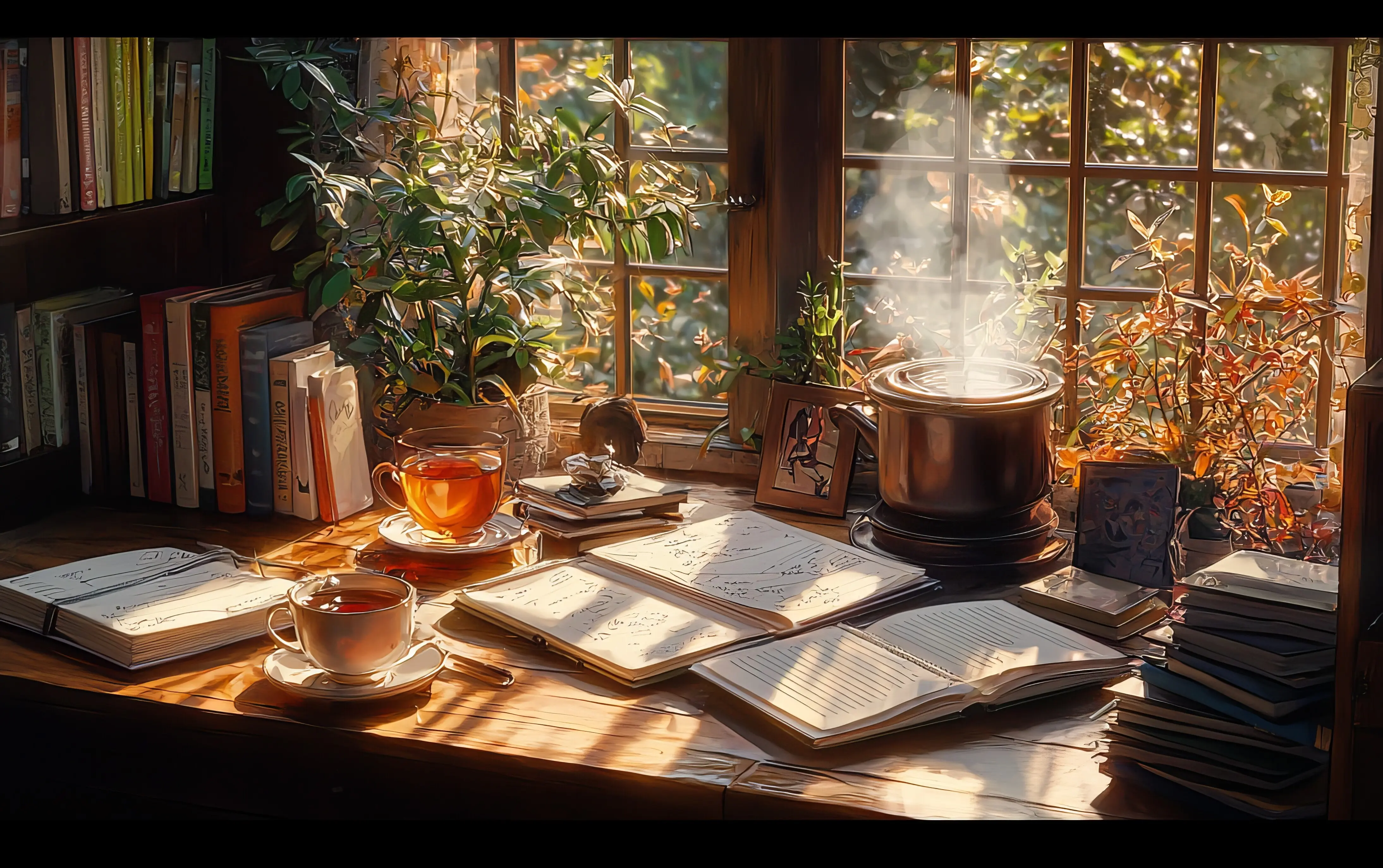 Gemütlicher Arbeitsplatz mit einer warmen Tasse Tee und offenen Büchern im Sonnenlicht. Perfekt zum Lernen, Schreiben oder Entspannen.