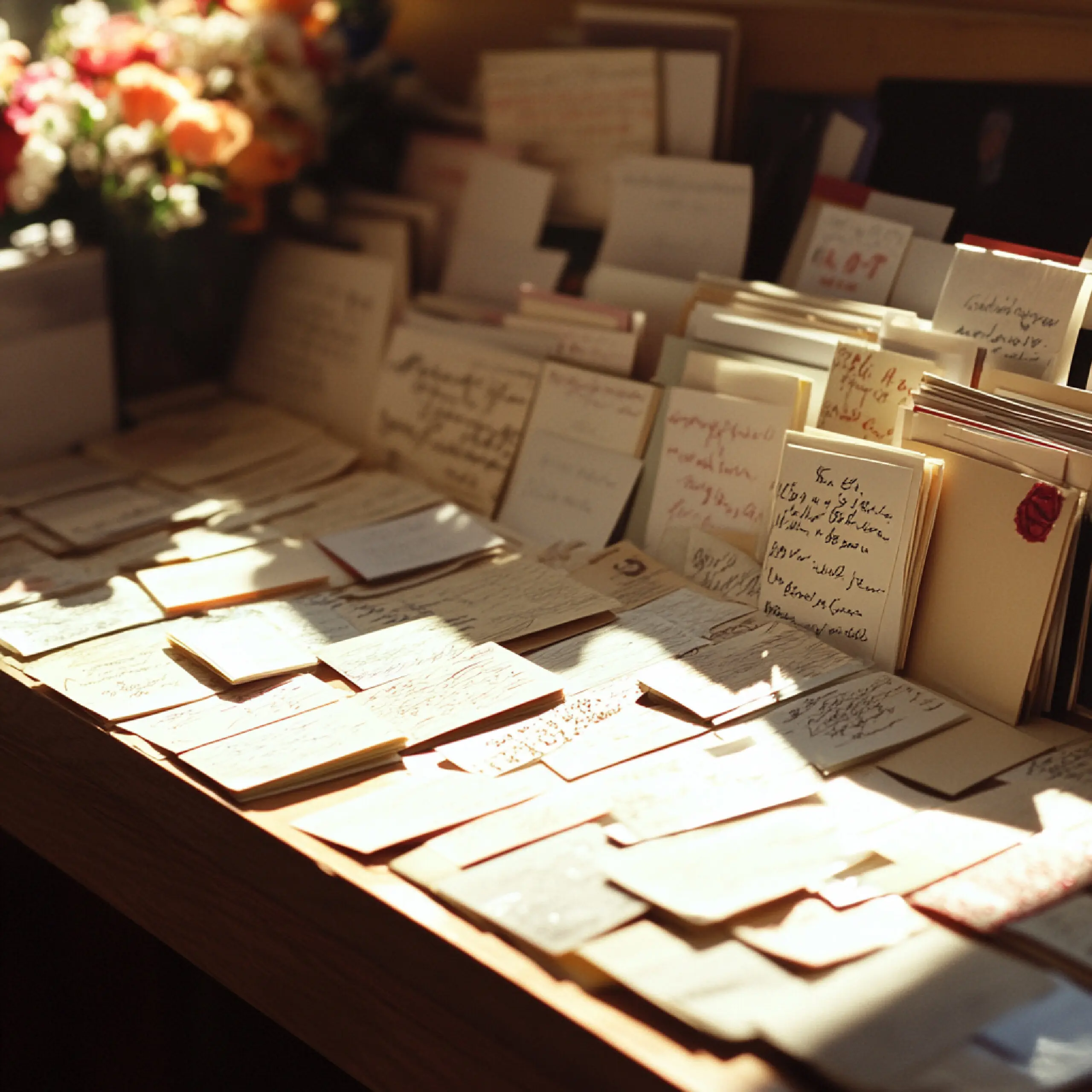 Eine Nahaufnahme von Beileidskarten und Briefen, die auf einem Gedenktisch ausgelegt sind.