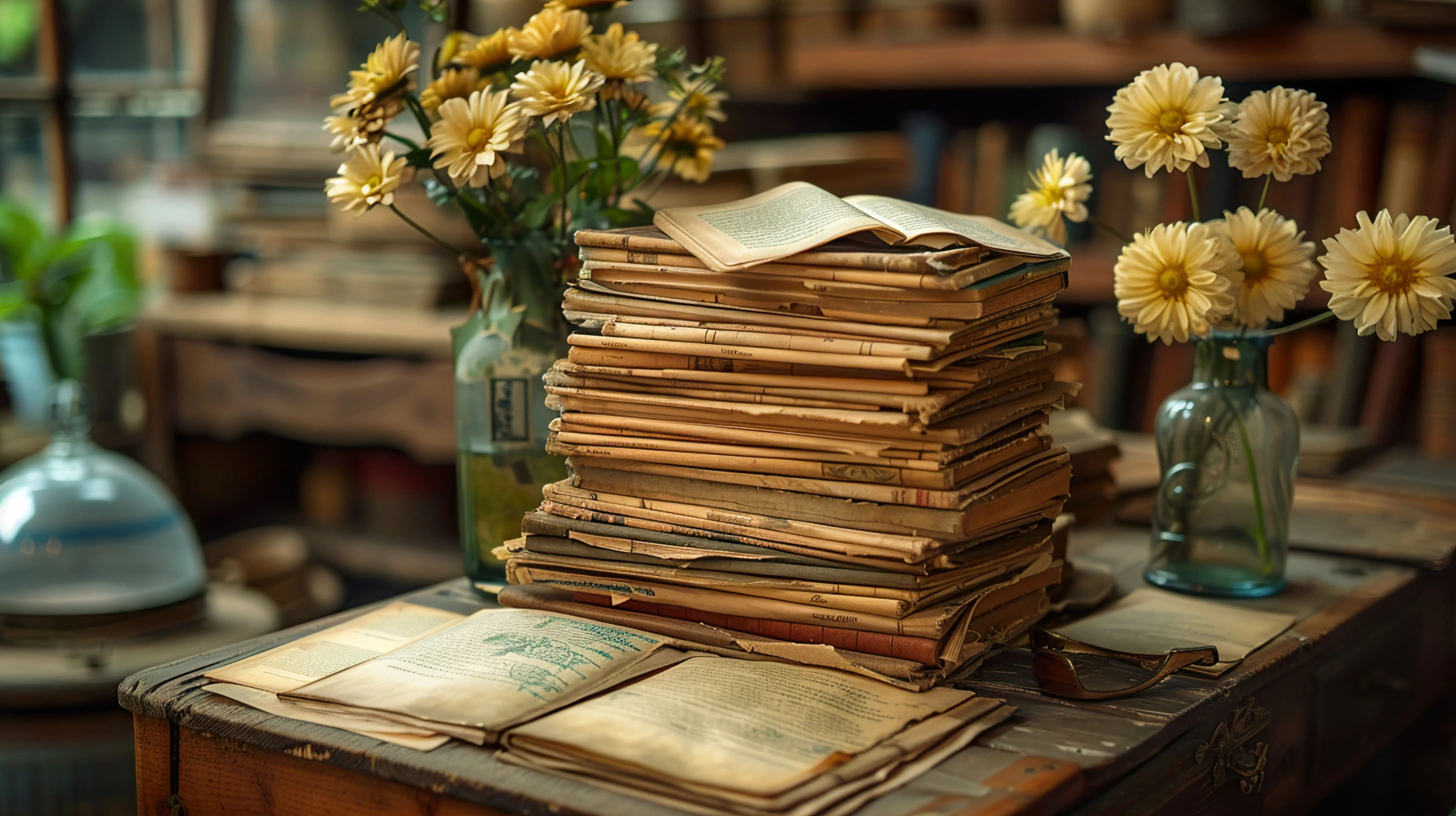 Eine Vase mit gelben Blumen und ein Buch, auf dem die Zahl 10 steht.